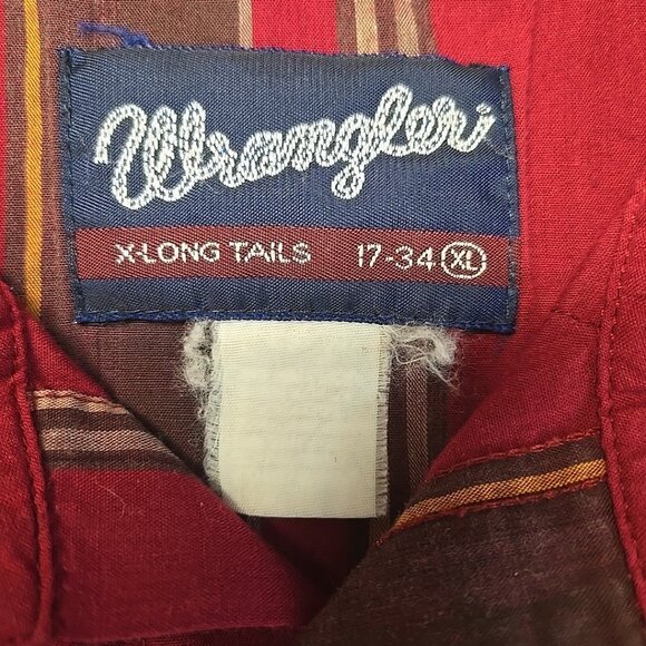 Vintage Wrangler Western Shirt Mens XL Red Stripe Pearl Snap X-Long Tails - Picture 7 of 8